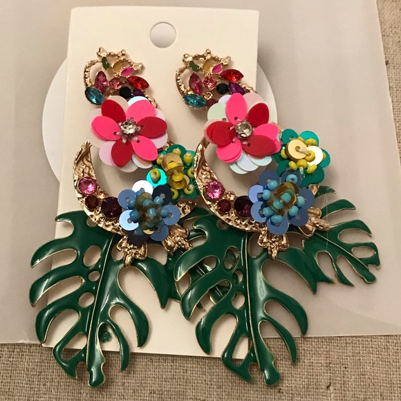Tropical Leaf and Flower Statement Earrings - Picture 2 of 6